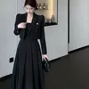 Arbeitskleider Herbst Korea Elegante Frauen Schwarz Büro Hepburn Anzug Kleid Lässig Revers Blazer Mantel Klassisch Hohe Taille A-Linie Plissee