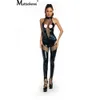 Sexiga kvinnor Mesh Patchwork Faux Leather Catsuit PVC Latex Lingerie Bodysuit Clubwear Zipper Jumpsuits Stretch Hot Erotic Costumes