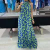 Casual Jurken Elegante Zomer Stiksels Ruche Zoom Lange Jurk Vrouwelijke Losse Mouwloze Party Damesmode Halter Print Blauwe Maxi