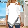 T-shirt da donna elegante con paillettes sulla spalla appesa al collo manica lunga casual top moda autunno donna t-shirt che tocca la camicia lady streetwear 230420