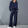 Damen-Kapuzenpullover, einfarbig, Outfit, Damen-Sweatshirt, Hosen-Set, Revers, Reißverschluss, Ausschnitt, weites Bein für modisch