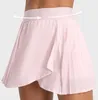 lu-382 Three Point Crossover Front Pleated Skirts Yoga Shorts Sports Pant Pocket Short Inside Gym Tennis Skirt