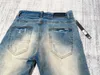 Heren paarse designer slanke jeans skinny stretch denim broek voor mannen rechte pasvorm goed gedragen vintage stretch denim suède patches wassen blauwe rip jeans