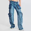 Kadınlar için çok cepli kadın kot pantolonlar sokak moda ins amerikan düşük bel eklenmiş sonbahar 2023