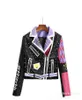 Women's Pu Leather Jackets Graffiti Floral Letter Skull Print Punk Motorcycle Biker Zip Rivet Chain Waist Woman's Coats Contrast Color Outerwear 28669