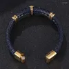 Bracelets de charme Mode en acier inoxydable magnétique hommes croix Bracelet bleu véritable cuir tressé Punk bracelets bijoux accessoires PD1028