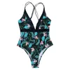 Women's Swimwear 2023 Women Fashion Leaf Print Bikini Sexy Open Back Neckline One Piece Swimsuit Saida Praia Feminina