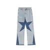 Mens Jeans Harajuku Stars Letter Brodery Patchwork Straight Flare Pants Retro Ripped Overized Casual Denim Trousers 230420