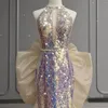 Runway Dresses Colorful Mermaid Celebrity Halter Sleeveless Sequined Beading Backless Pearl Detachable Bow Tailing Woman Prom Gowns