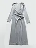 Casual Dresses Women Pleated Slit Midi Dress Gray Black O-neck Simple Long Sleeve Female Robes 2023 Early Autumn