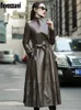 Kvinnors läderfaux Nerazzurri Autumn Long Brown Black Soft Trench Coat for Women Belt Kirted Elegant Luxury Fashion 5xl 6xl 7xl 231120