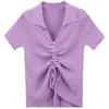 Women's Blouses Lucyever Korean Drawstring V Neck T Shirt Women Summer Elastic Knitted Short Sleeve Crop Tops Ladies 2023 Wild Yellow Tees