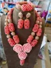 Necklace Earrings Set Elegant Women African Coral Beads Jewelry Flower Chunky Bib Statement Wedding CNR913