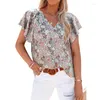 Damen T-Shirts 2023 Sommer Lässige Mode Vintage Blumendruck V-Ausschnitt Blütenblatt Kurzarm Lose Pullover Shirt Süße Frische Bluse Frauen