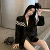 Women's Suits Lnsozkdg Women Vintage Black Plaid Stitching Blazer Lapel Long Sleeve Loose Fit Jacket Fashion Tide Spring Autumn 2023 Korea