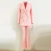 Women's Two Piece Pants Pink Blazer Pantsuits 2 Set Women Business Office Double Breasted Flared Formal Suit Fashion Slim Fit