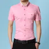 Casual shirts voor heren zomer klassieke stijl heren solide kleur korte mouw casual shirt mode business wit roze slank shirt mannelijk merk kleding 230420