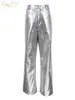 Damesbroeken Clacive Vintage Zilver Pu-leer Dames 2023 Mode Hoge taille Volledige lengte Streetwear Y2K Rechte broek Dames 231120