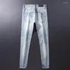 Men's Jeans High Street Fashion Men Retro Washed Blue Elastic Skinny Fit Ripped Plaid Patched Designer Hip Hop Brand Pants