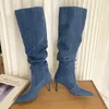 Сапоги, плиссированные джинсовые сапоги на высоком каблуке для женщин, осенние джинсы, ковбойские сапоги до колена, женские синие длинные сапоги на тонком каблуке, Botas Feminina 231118