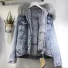 Vestes pour femmes Denim peluche et épais manteau hiver grand col de laine veste ample décontracté style court