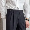 Men's Suits 2023 Design Men High Waist Trousers Solid England Business Casual Suit Pants Belt Straight Slim Fit Bottoms Clothing H203