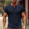 Herren-T-Shirts, Sommer-Henley-Neck-Shirt, V-Rundsaum, kurze Ärmel, einfarbig, hochwertiges Button-Down-T-Shirt für Männer