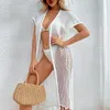 Women's Swimwear Stylish Cover Up Short Sleeve Solid Color Summer Knitted Beach Coat Bikini Thin Beachwear