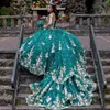 Szmaragdowa zielona suknia w piłce z dekoltem w nokrecie Quinceanera sukienki złota koraliki aplikacji Słodka 16 sukienki