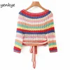 Traje de baño para hombres Multicolor Rayas Crochet Crop Top Mujeres Cross V Cuello Manga corta Punto Sexy Wrap Femme Verano Boho S Blusas LJPZ9279 230420