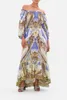 Robe longue en soie de styliste australien, imprimé floral bleu, manches longues, col slash