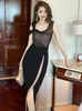 Abiti casual 2023 Summer Nightclub Style da donna Vestito sexy Chic Nero Sheer Mesh Pieghettato Vita alta Split Robe Party Prom Abiti Mujer