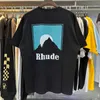 Designer Mode Kläder T-shirts Hiphop T-shirts Rhude American High Street Crowd Skylt Solnedgångstryck Lös T-shirt i bomull män kvinnor Par Sommar