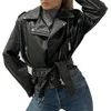 Women's Jackets Black Blue Faux Leather Retro Moto Biker Lapel Zip Up Pu Crop Coats Vintage Belted Waisted Outerwear