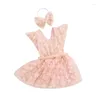 Платья для девочек Комбинезоны для маленьких девочек Платье с 3D цветочными рукавами сзади с завязками на спине Многослойная тюлевая юбка Подол Боди для малышей с повязкой на голову 0-24 месяца