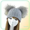 Winter Real Fur Ball Beanie Hat for Women Ladies Natural Raccoon Fur Pom Pom Skullies Beanie Hat With 2 Pompom