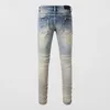 Herr jeans high street mode män retro gul blå stretch mager fit rippade varumärkesdesigner knappar hip hop byxor