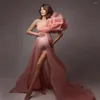 Party Dresses Pink Tulle Maternity Gowns One Shoulder Puffy Sleeves Ruffles With Train Organza Pregnancy Plus Size Prom Evening Gown