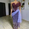 Aso Ebi Árabe Prom Vestidos Luxuoso Sheer Neck Um Ombro Frisado Cristais Roxo Bainha Espartilho Africano Nigéria Espumante Vestido de Noite Segundo Vestidos de Recepção