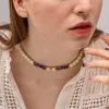 Pendentif Colliers Uworld 18K plaqué or en acier inoxydable ras du cou bijoux imitation verre perle naturelle améthyste pierre collier de perles