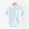 メンズカジュアルシャツピュアリネン半袖シャツ夏の新しい日本のファッショントップスオスのソリッドグレービンテージスリムフィットヘンプシャツ230420