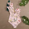 Sexy um ombro babado maiô de uma peça impressão floral banho feminino maiô beachwear monokini swimsuits de uma peça floral maiô de uma peça