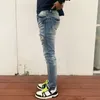 Mäns jeans high street mode män retro tvättade blå stretch mager rippade knappar lappade designer hip hop varumärke byxor