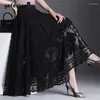 Jupes femmes Vintage Sexy creux dentelle taille haute élégant fête longue jupe été mode noir plissé fée un lin Maxi Faldas