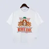 デザイナーファッション衣類 Tシャツヒップホップ Tシャツ Rhude ウォッシュベージュ古いプリントコットンルーズハイストリートラウンドネックカジュアル Tシャツ新しい男性ストリートトップススポーツウェア