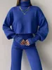 Womens Two Piece Pants Winter Fashion Knitted Set Warm and Elegant Street Style Solid Color High Neck Elastic 231118