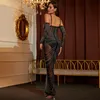 Casual Dresses Luxury Women Diamonds Mesh Dress Off Shoulder Full Sleeve See Through Maxi Vestidos Sexy Strapless Celebrity Evening Party