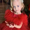 czerwono -piórkowa sukienka dziewczyna 2023 Satynowe sukienki dziewczynki błyszczące suknie kulowe księżniczki Puffy tiul Pierwszy komunia spódnice tutu dzieci