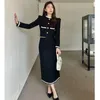 Work Dresses Korea Elegant Women Black Matching Set French Vintage Coat Midi Skirt Fashion OL Patchwork 2PCS Retro Office Lady Outfits