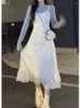 Arbeitskleider Koreanischer Anzug Frau Elegantes Träger-Midikleid Lässige Langarm-Grundoberteile Schlanke reine Farbe 2-teiliges Set Design 2023 Frühling